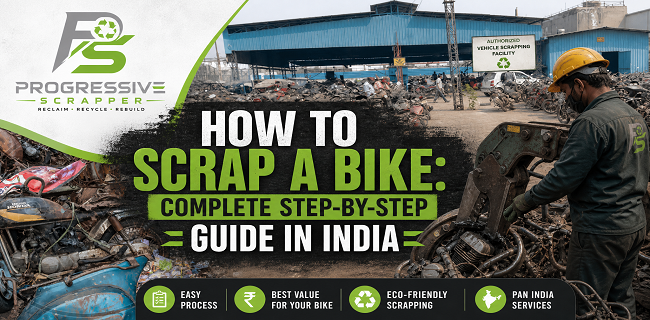 Government-authorized vehicle scrapping facility in India showing the complete step-by-step bike scrapping process for safe and eco-friendly motorcycle recycling.