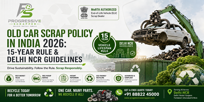 Old car scrap policy in India 2026, 15-year vehicle rule, Delhi NCR guidelines, and authorized car scrapping facility | Progressive Scrapper