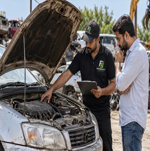 Car scrap valuation and vehicle inspection at Progressive Scrapper in Tri Nagar, Delhi